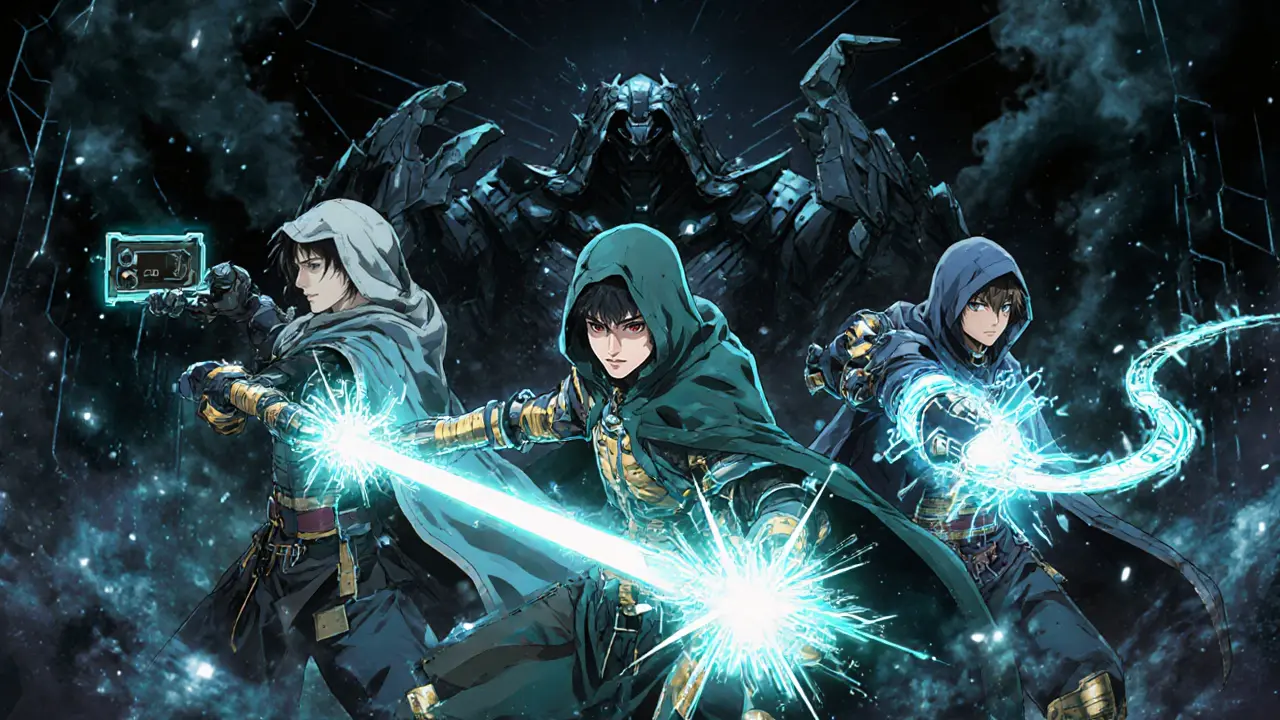 Équipe de guerriers combattant des créatures MEV avec des outils Automata dans un espace blockchain.