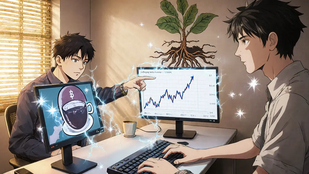 Équipes de startup dans un bureau créatif visualisant des NFT et des jetons de café sur des écrans holographiques.