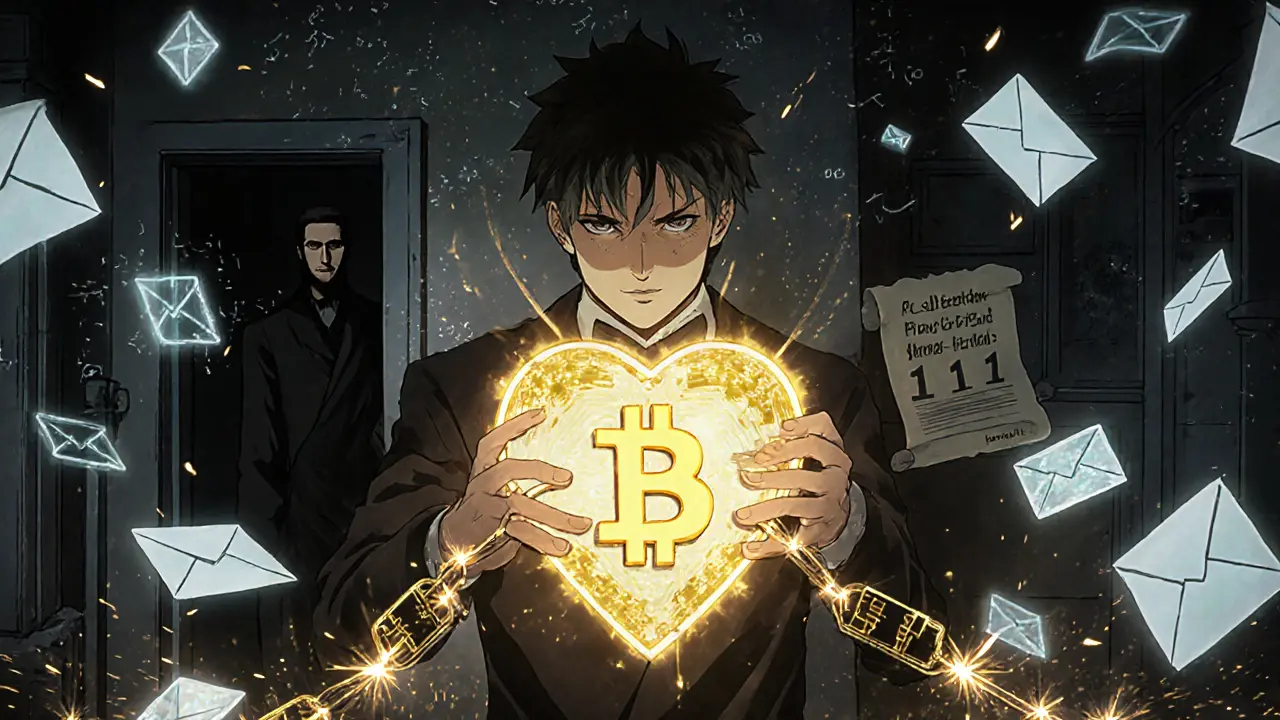 Hal Finney tient un jeton numérique qui génère une chaîne de blocs en énergie dorée.