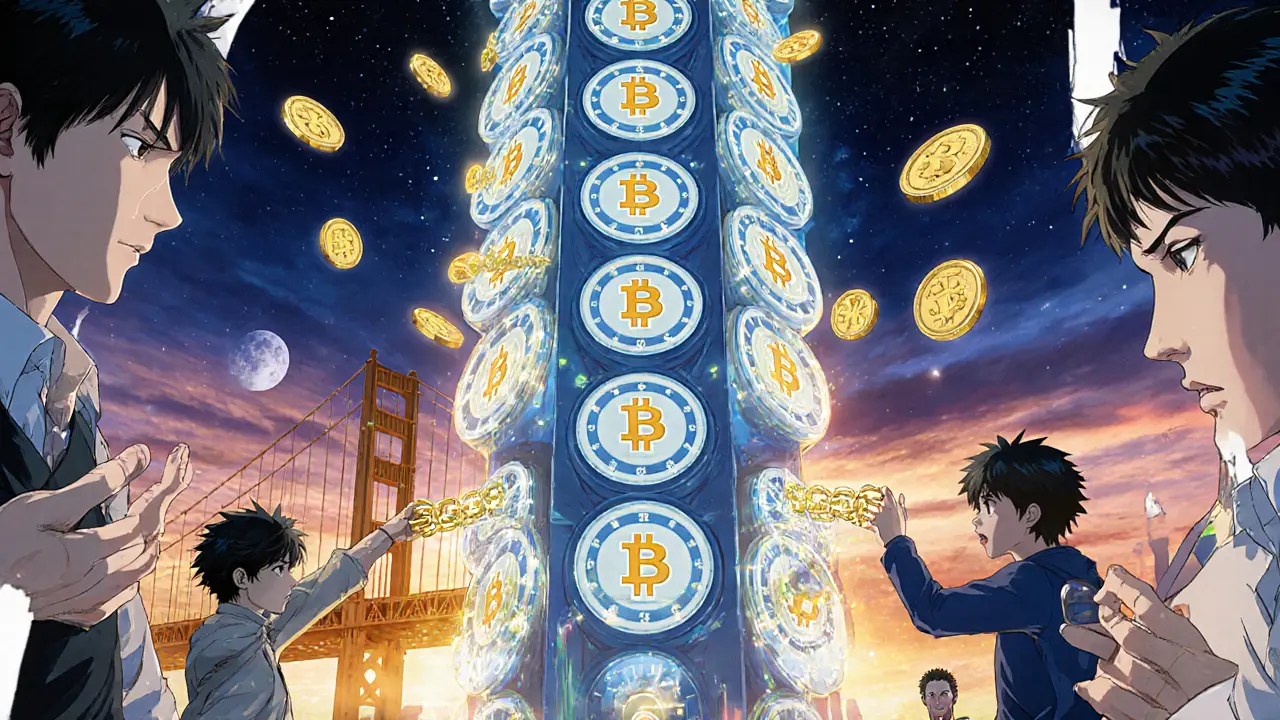 Horloge de jetons ATA qui se débloque progressivement, reliée au Bitcoin et à Ethereum sous un ciel aube.