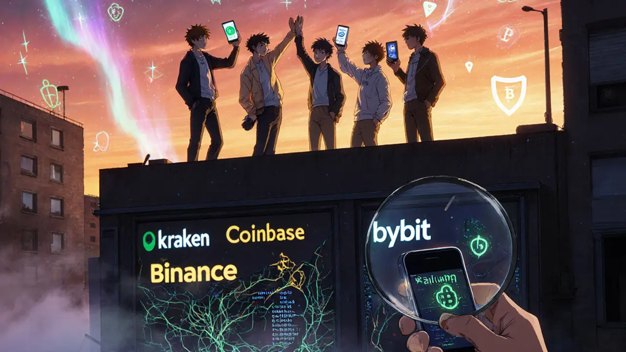 Jeunes traders sur un toit célèbrent des échanges sûrs tandis qu&#039;une affiche &#039;Bitrump&#039; s&#039;effondre dans l&#039;ombre.