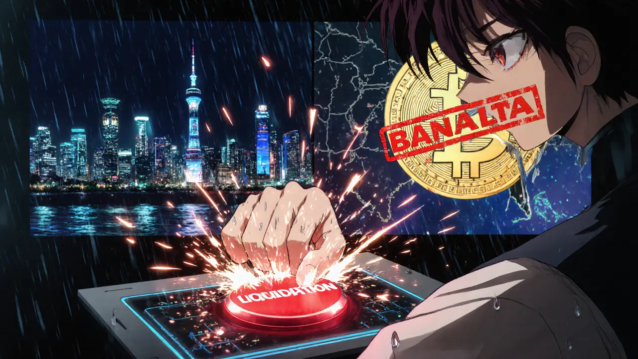 Main broyant un bouton de liquidation, Bitcoin se brisant en éclats, fond divisé entre ville asiatique et États-Unis interdit.