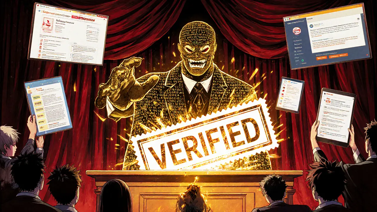 Scène de tribunal numérique où un juge blockchain condamne une entité frauduleuse &#039;Bitrump&#039;, entourée de preuves de légitimité.