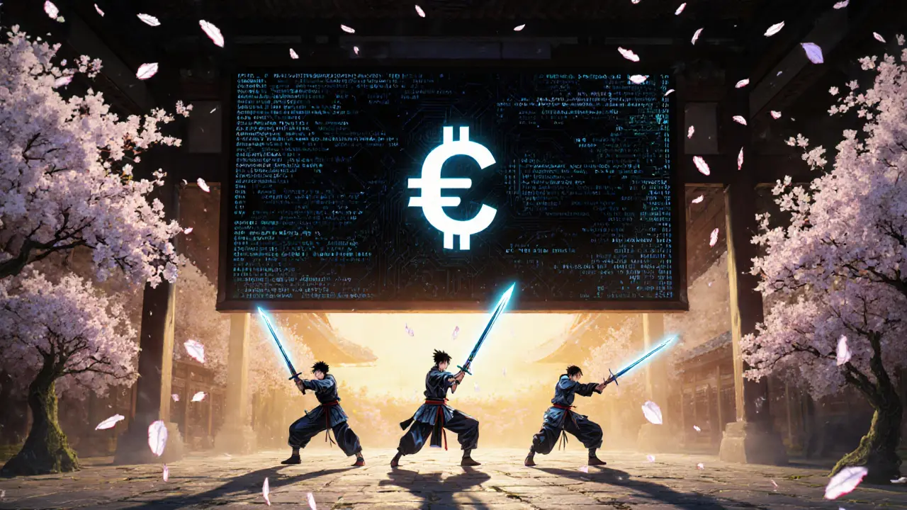 Trois traders en armure numérique entraînant dans un dojo futuriste, armes en forme de cryptos sous un écran de profondeur de marché.