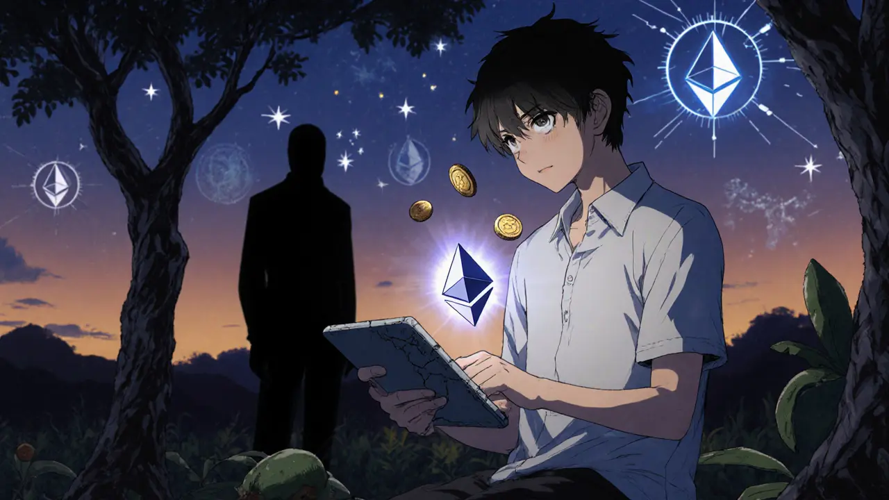 Un adolescent utilise un portefeuille crypto sous un arbre, transformant des cryptomonnaies en colóns sous un ciel étoilé.