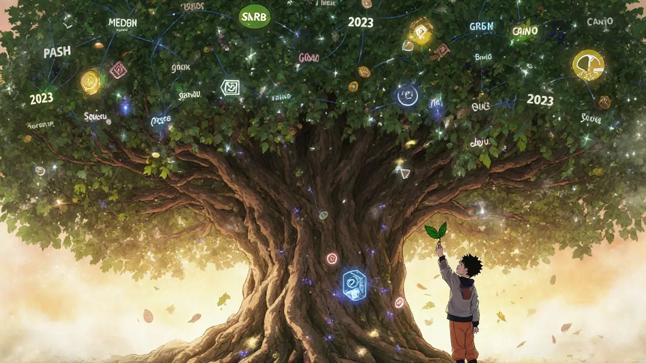 Un arbre de contrats intelligents génère des jetons CANTO pour les développeurs, lumière dorée et brume.