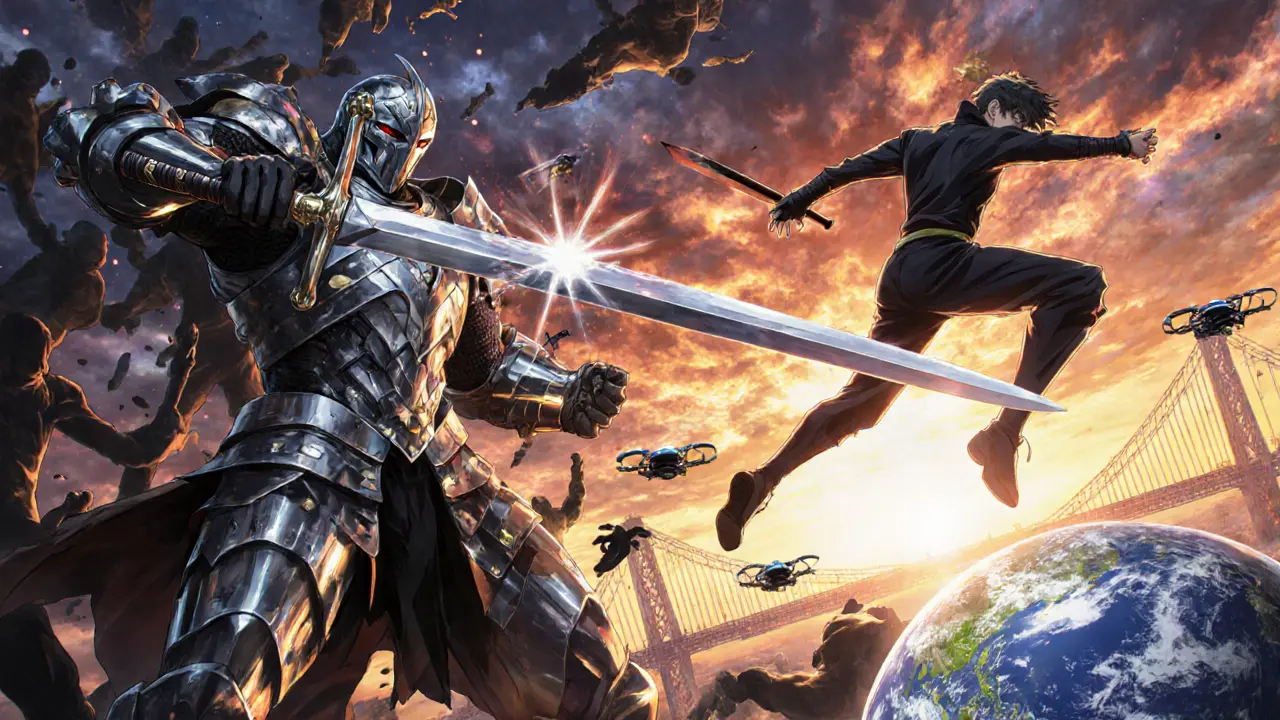 Un chevalier de la conformité affronte des ombres illégales tandis qu&#039;un développeur DeFi traverse un pont de stablecoins.