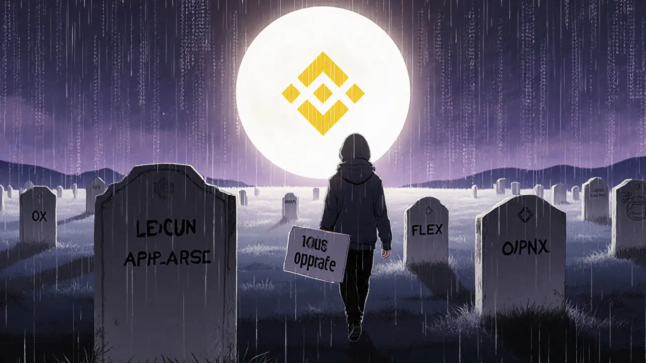 Un cimetière de jetons cryptos sous la lune, une silhouette s&#039;éloigne tandis que Binance brille à l&#039;horizon.
