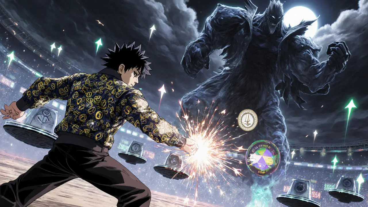 Un combat anime entre un héros et une créature de liquidité faible, dans un arène blockchain.