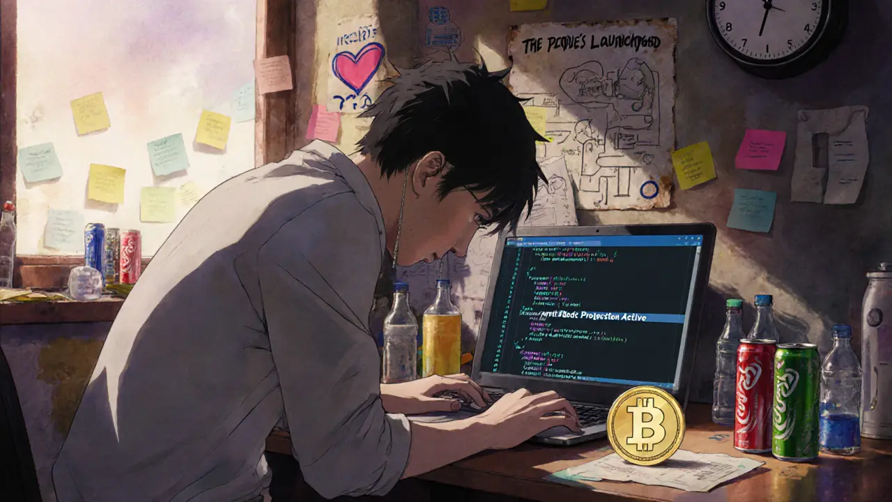 Un développeur seul dans sa chambre, fatigué mais déterminé, devant un ordinateur avec le logo KCCPAD.