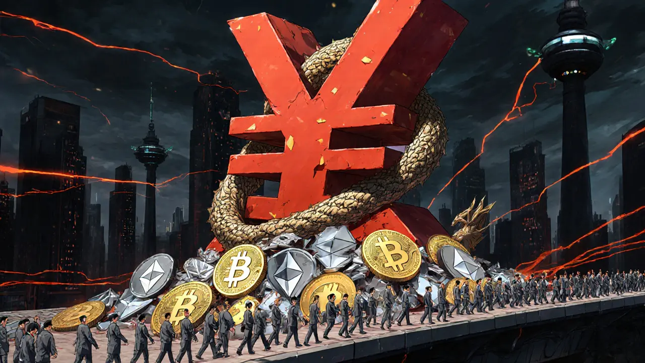 Un dragon yuan écrase des cryptomonnaies tandis que des citoyens suivent un paiement étatique.