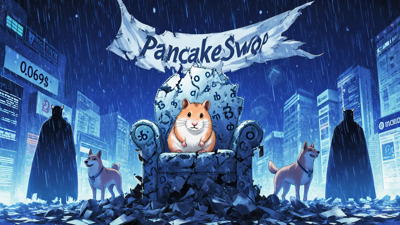 Un hamster solitaire sur un trône numérique en ruine, entouré de symboles crypto abandonnés.