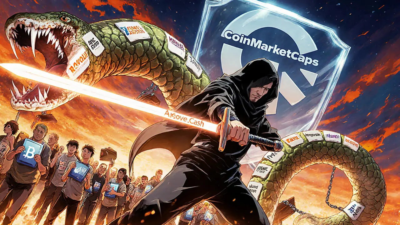 Un héros anime détruit un serpent de sites d'arnaque avec une épée Revoke.Cash, protégeant des utilisateurs piégés par des fausses offres d'airdrop.