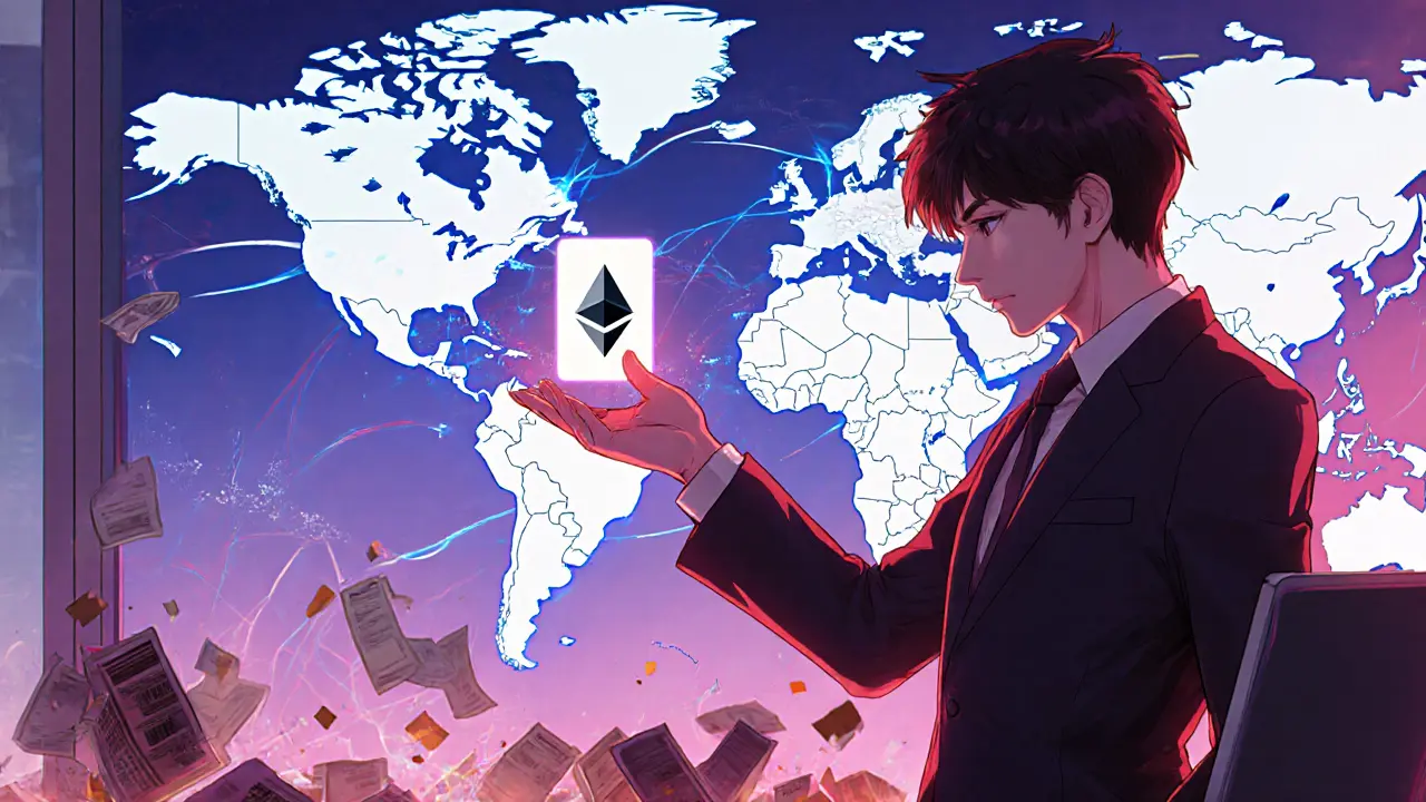 Un ingénieur allemand envoie un paiement blockchain à un designer vietnamien, avec un réseau numérique traversant les continents.