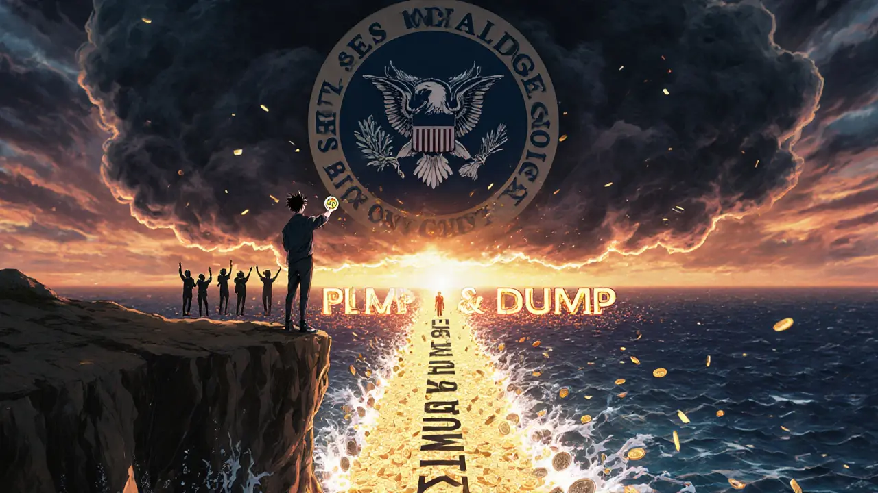 Un investisseur solitaire sur un cliff, tenant un jeton MAGADOGE tandis qu&#039;un nuage SEC menaçant approche au-dessus.