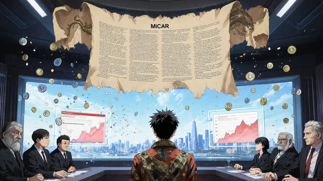 Un jeune développeur dans un tribunal européen face à un énorme document MiCAR qui s&#039;étend comme un dragon.