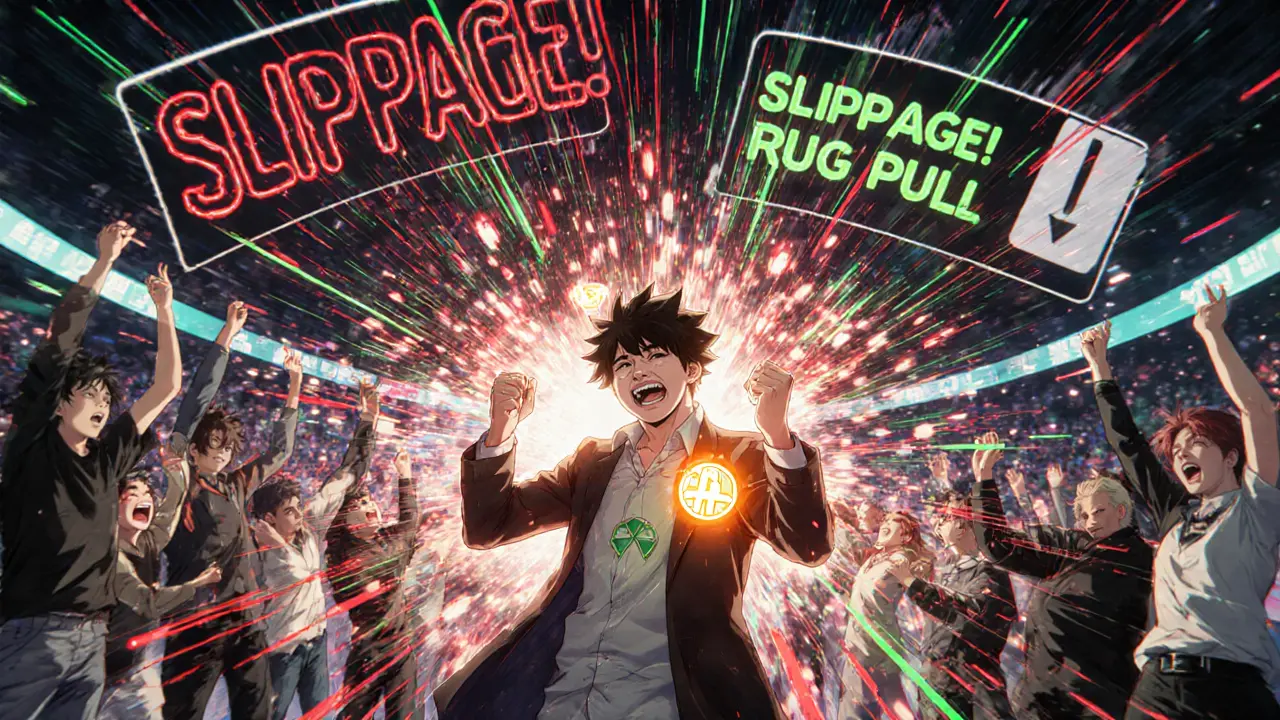 Un jeune trader dans une arène numérique tente d&#039;échanger des BNB contre des HMC amid des flèches de prix chaotiques.