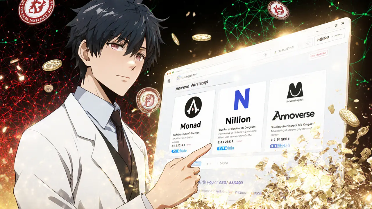 Un mentor montre des airdrops légitimes sur un écran holographique, tandis qu'un site frauduleux s'effondre en pixels derrière lui.