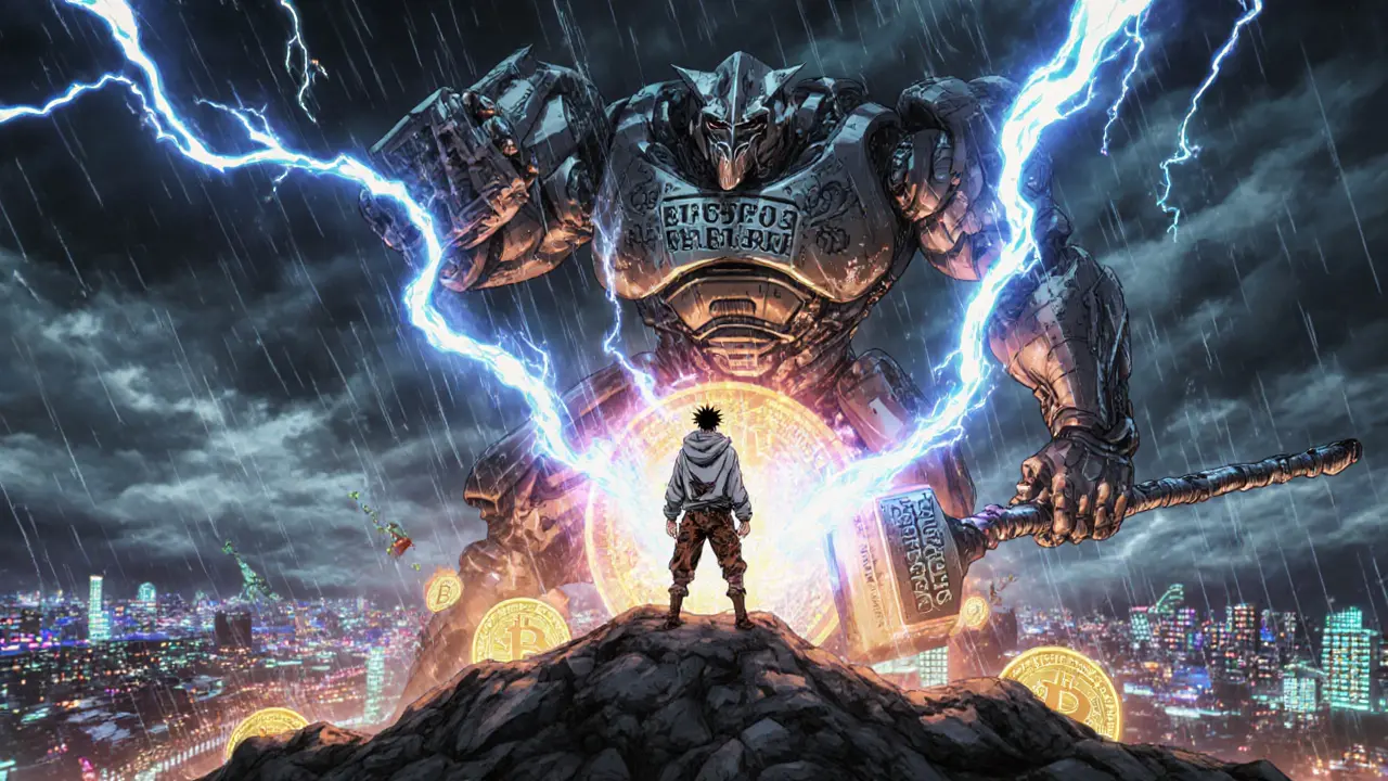 Un mineur affronte une entité géante en haut d&#039;une montagne de mineurs ASIC sous une tempête.