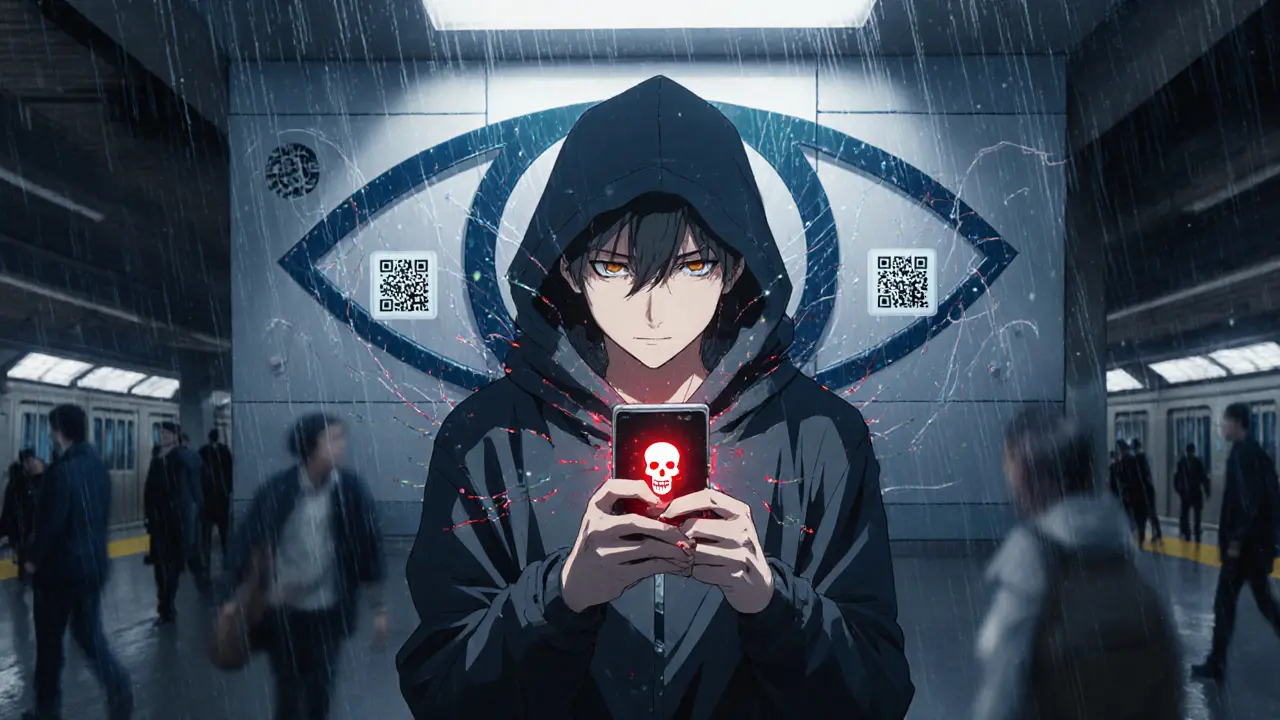 Un touriste étranger est scanné par un œil numérique dans le métro de Pékin, son téléphone affiche un avertissement rouge.