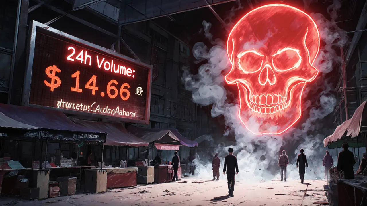 Un trader seul tente de vendre un token dans un marché vide, entouré de signaux de volume quasi nul.