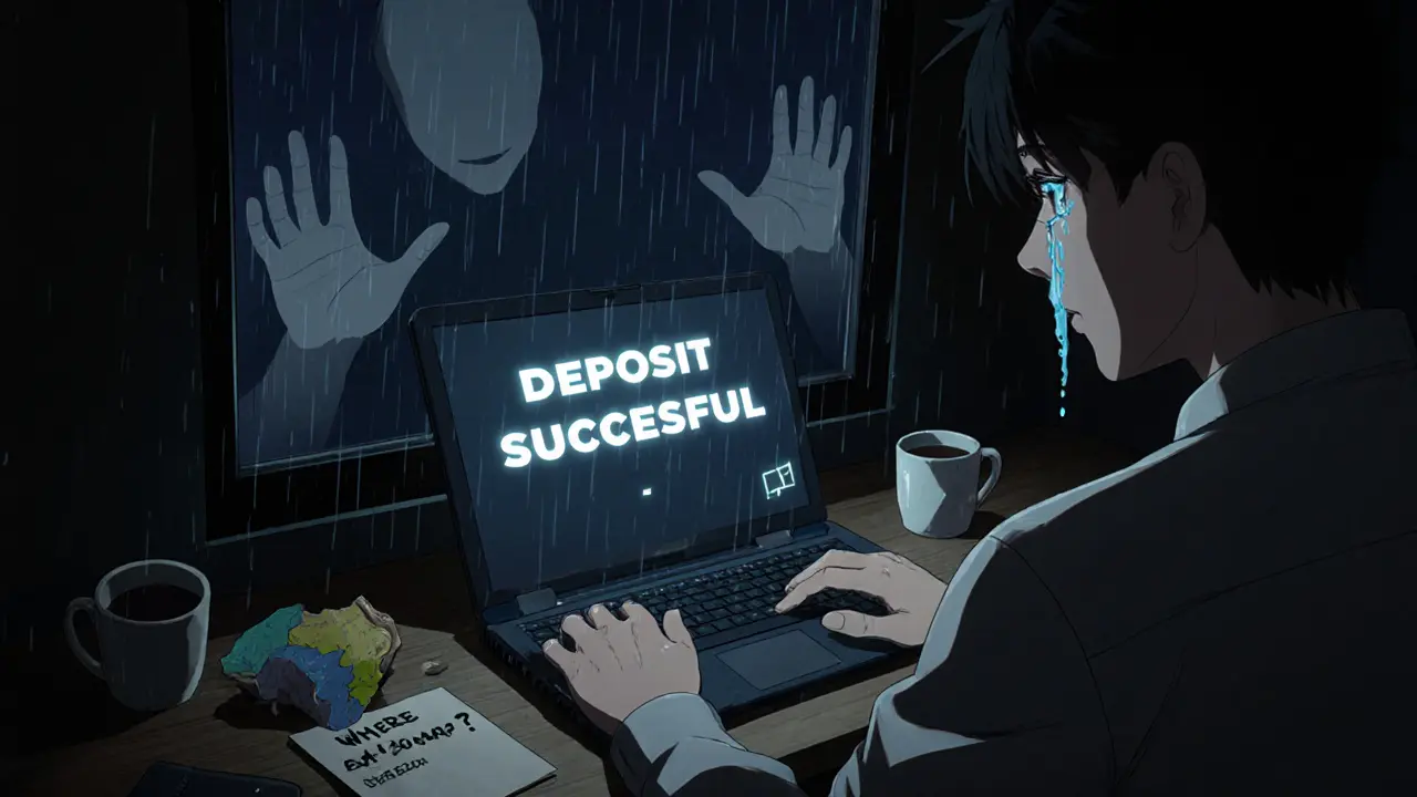 Un utilisateur seul dans une chambre sombre, des mains fantomatiques sortent de son écran de crypto.