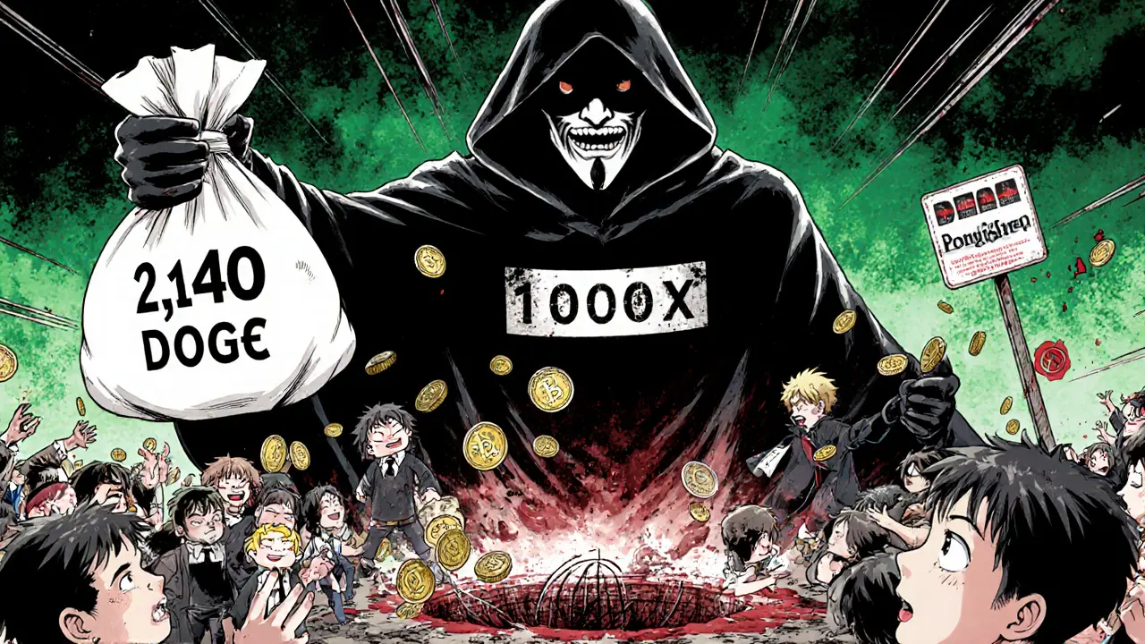 Une figure anonyme jette des pièces dans un gouffre tandis que des personnages sont piégés dans une arnaque crypto.