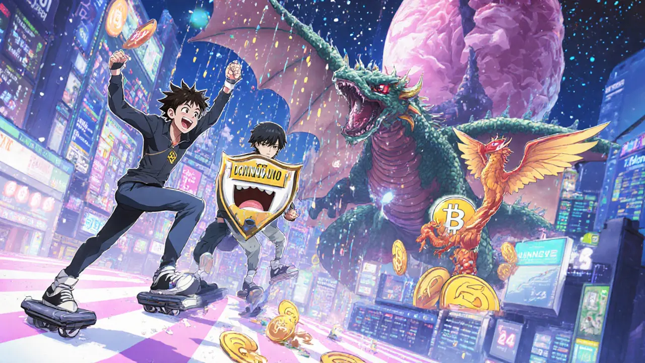 Une interface d&#039;application mobile animée avec des traders sur planches volantes et des jetons qui tombent comme de la pluie.