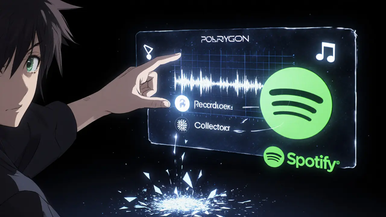 Une main active un contrat intelligent qui divise automatiquement les revenus de streaming entre artiste, producteur et détenteur du NFT.