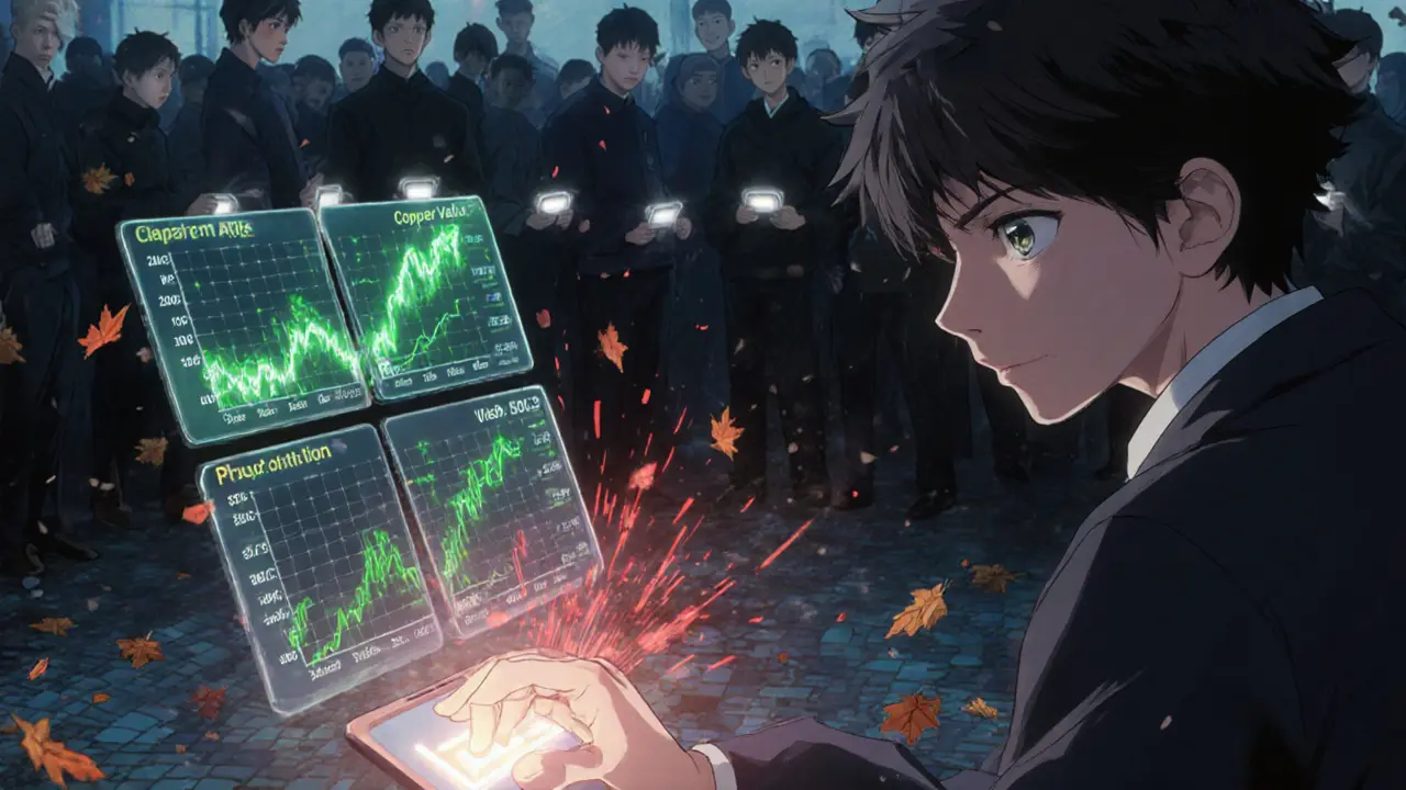 Une main au-dessus d&#039;un bouton &#039;Copier Vault&#039;, avec des graphiques en temps réel flottant autour.