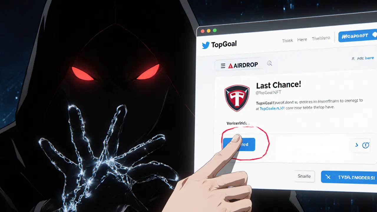 Une main clique sur un faux site d&#039;airdrop TopGoal, tandis qu&#039;un écran officiel affiche le logo vérifié.