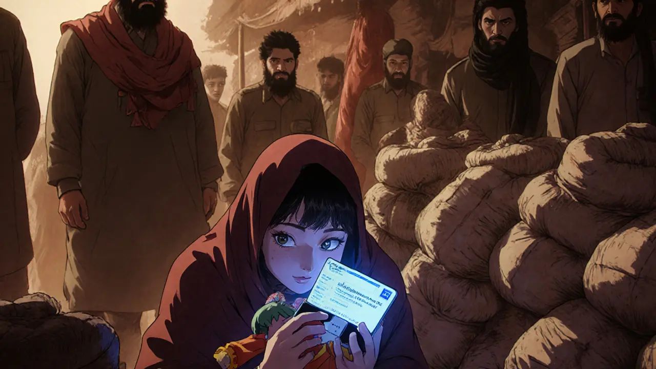 Une mère cache une clé crypto dans un jouet pour son enfant, sous le regard des talibans dans un marché bondé.