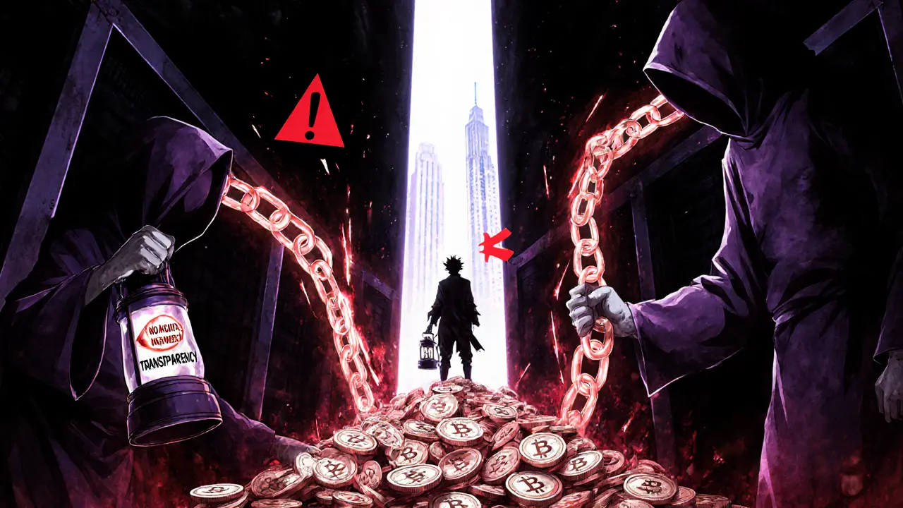 Une salle serveur sombre où des entités cachées brisent des chaînes de blockchain, un héros tient une lampe de transparence.