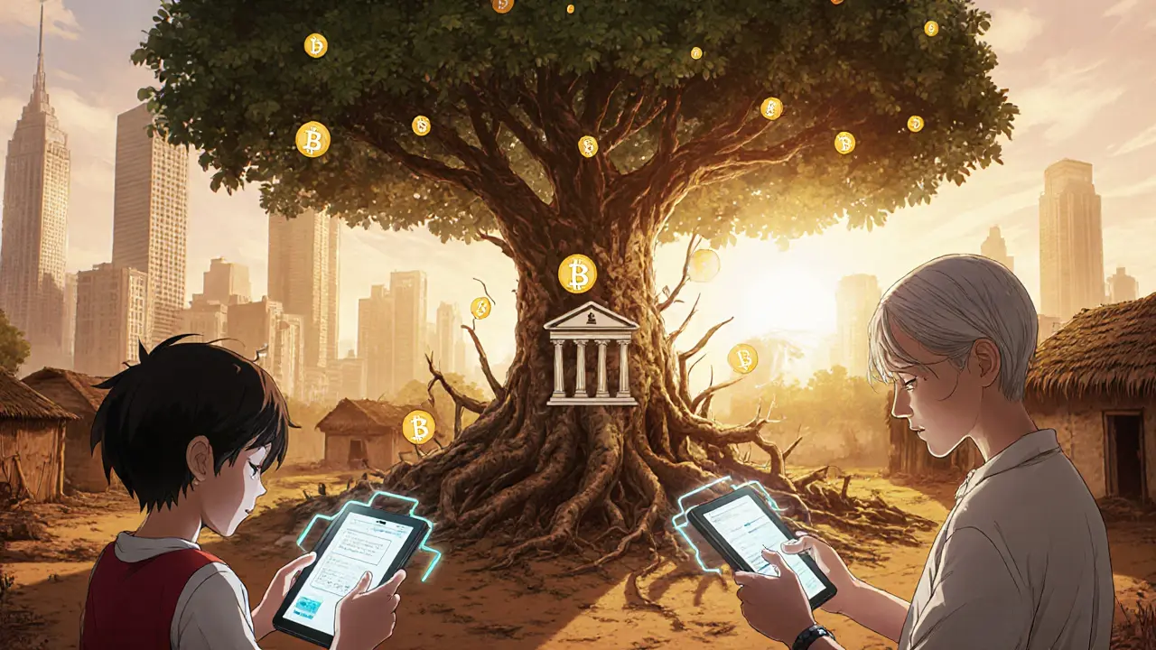 Village latino-américain où les habitants convertissent des stablecoins en monnaie locale grâce à la finance décentralisée.