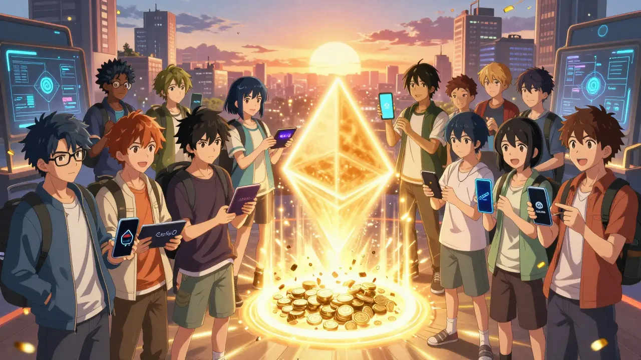 Adolescents unis canalisant l'énergie de différentes Layer 2 pour transformer les frais de gaz en confettis lumineux.