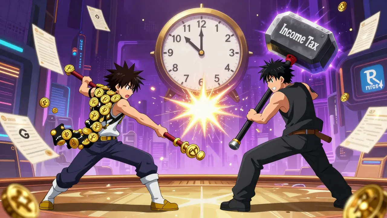 Bataille anime entre un combattant des récompenses de staking et un adversaire de l&#039;impôt sur le revenu.