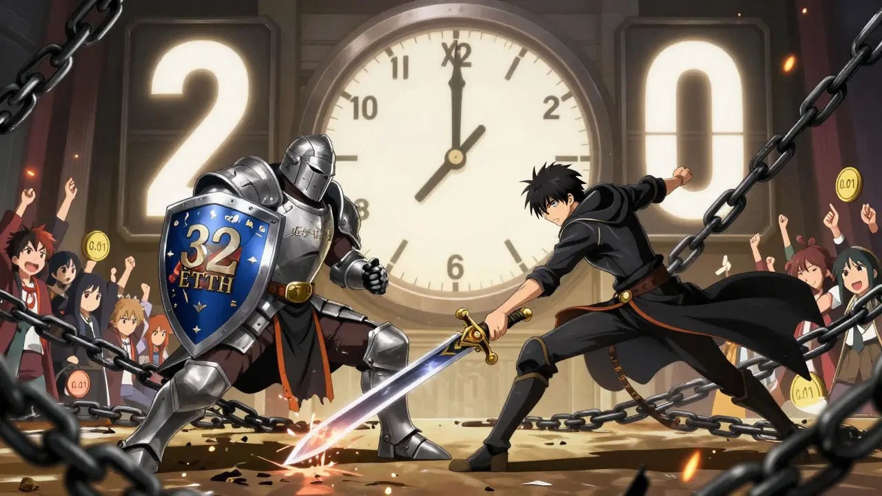 Bataille anime entre un guerrier bloqué par des chaînes et un combattant liquide qui les brise.