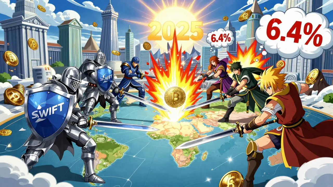 Bataille épique entre banques traditionnelles et guerriers crypto utilisant USDC et EURAU dans un monde numérique.