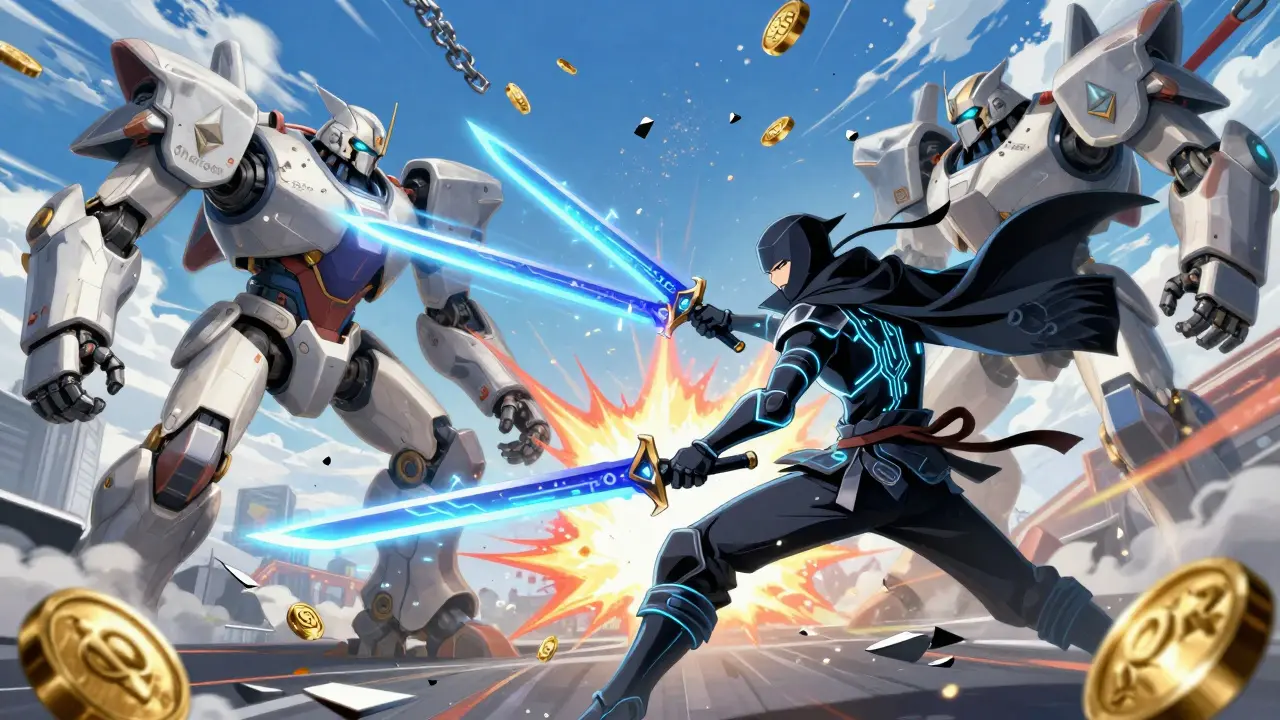 Bataille numérique entre des avatars robotisés de blockchains et un ninja Zenon utilisant des lames de jetons.