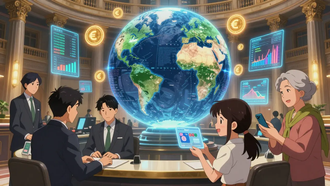 Centre financier hybride à Berlin où banques et blockchain coexistent, avec un globe affichant des flux de paiement mondiaux.