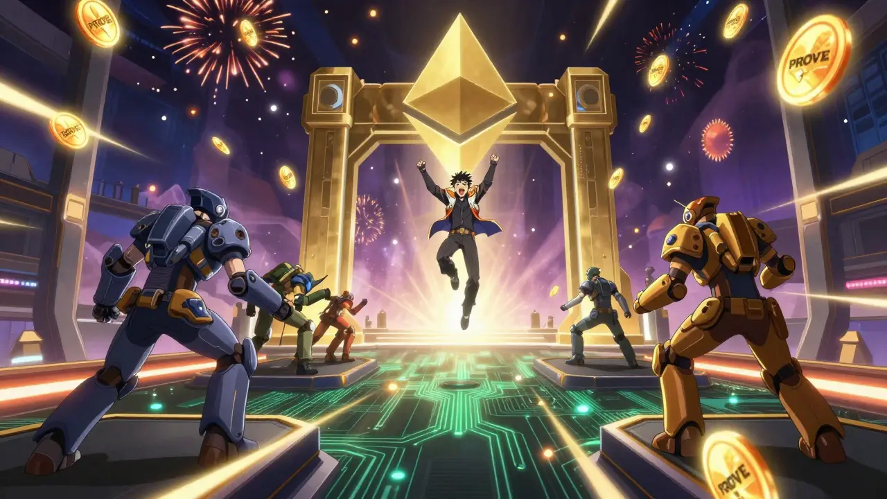 Concours de preuves décentralisées avec des preuveurs en combat sur des plateformes flottantes.