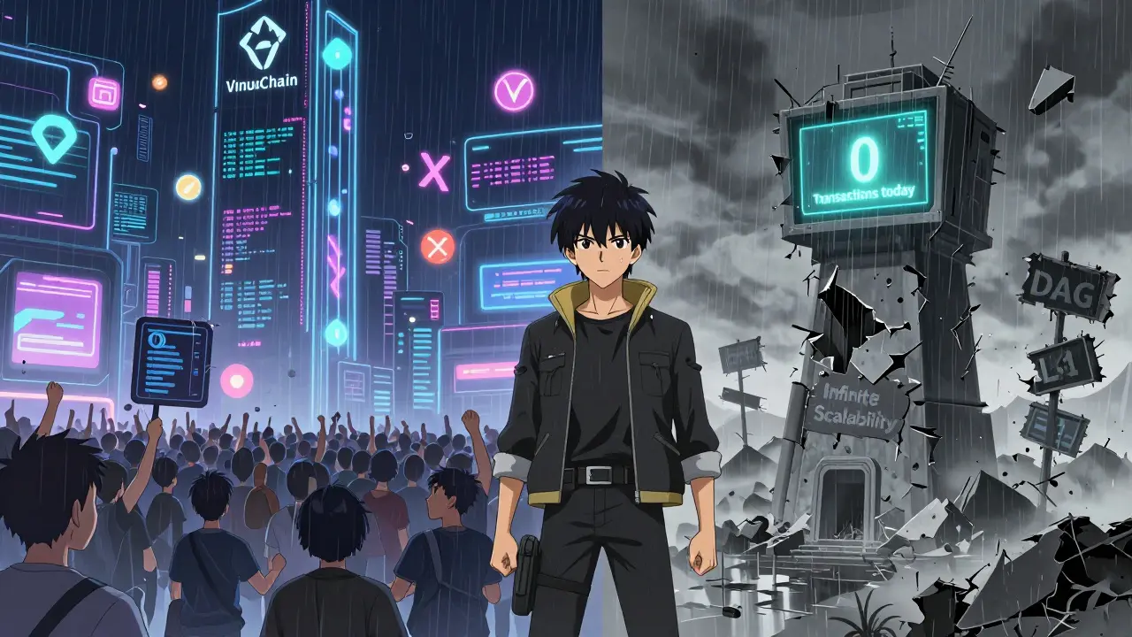 Contraste entre une communauté blockchain active et une tour VinuChain en ruines sous la pluie.