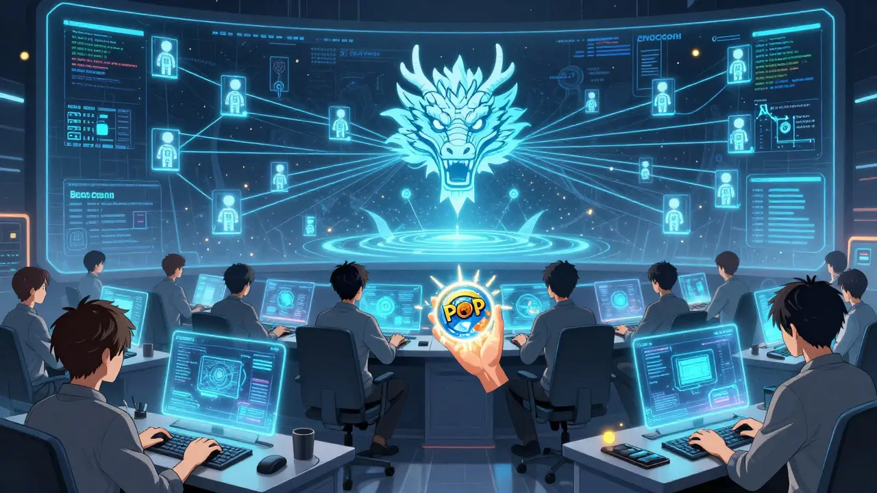 Des développeurs surveillent des millions d&#039;agents IA reliés à un nœud blockchain en forme de tête de dragon.