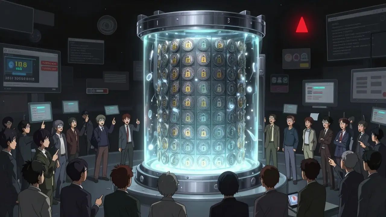 Des millions de jetons CAB enfermés dans un coffre verre, tandis que des investisseurs regardent des écrans affichant un volume nul.