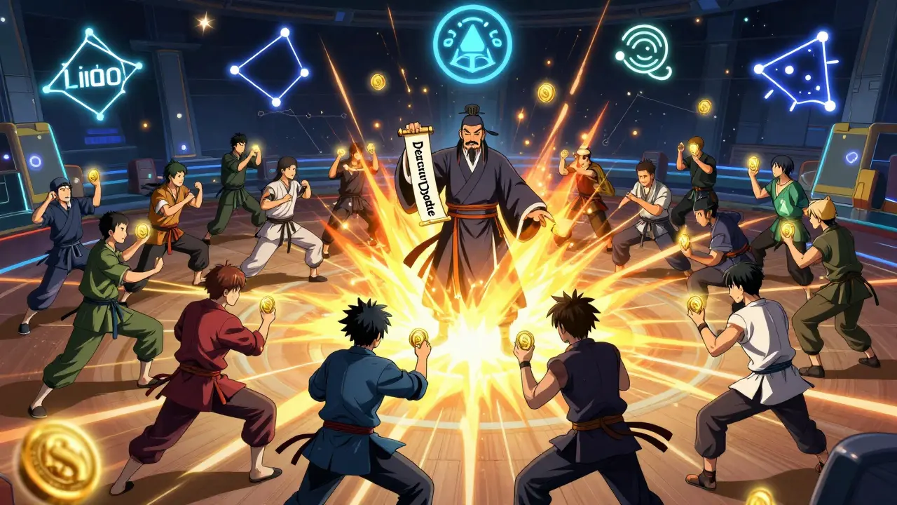 Disciples anime utilisent des tokens stETH pour exécuter des mouvements DeFi dans un dojo futuriste.