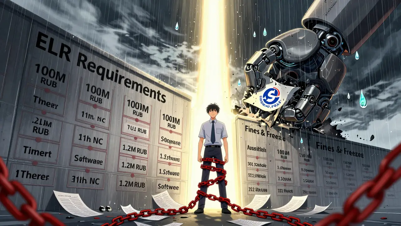 Jeune entrepreneur étouffé par les exigences impossibles du cadre ELR, une main géante écrase sa startup.