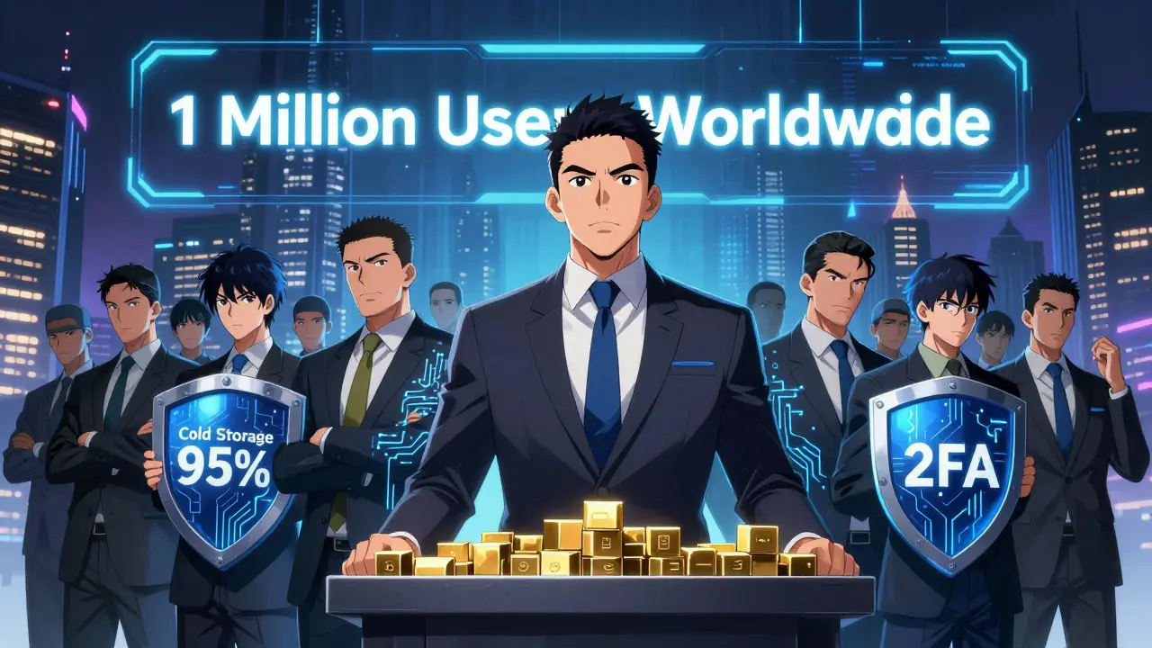 Le CEO d'AscendEX entouré de son équipe et de symboles de sécurité, avec un arrière-plan contrastant Singapour et Bucarest.