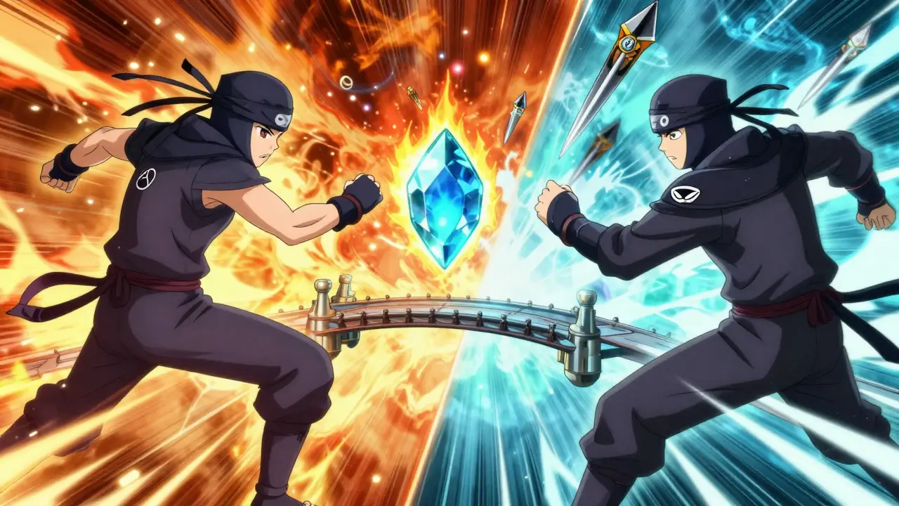 Ninjas en combat contre des shurikens Optimistic et kunai zk-Rollup, sur un pont reliant Ethereum et Layer 2.