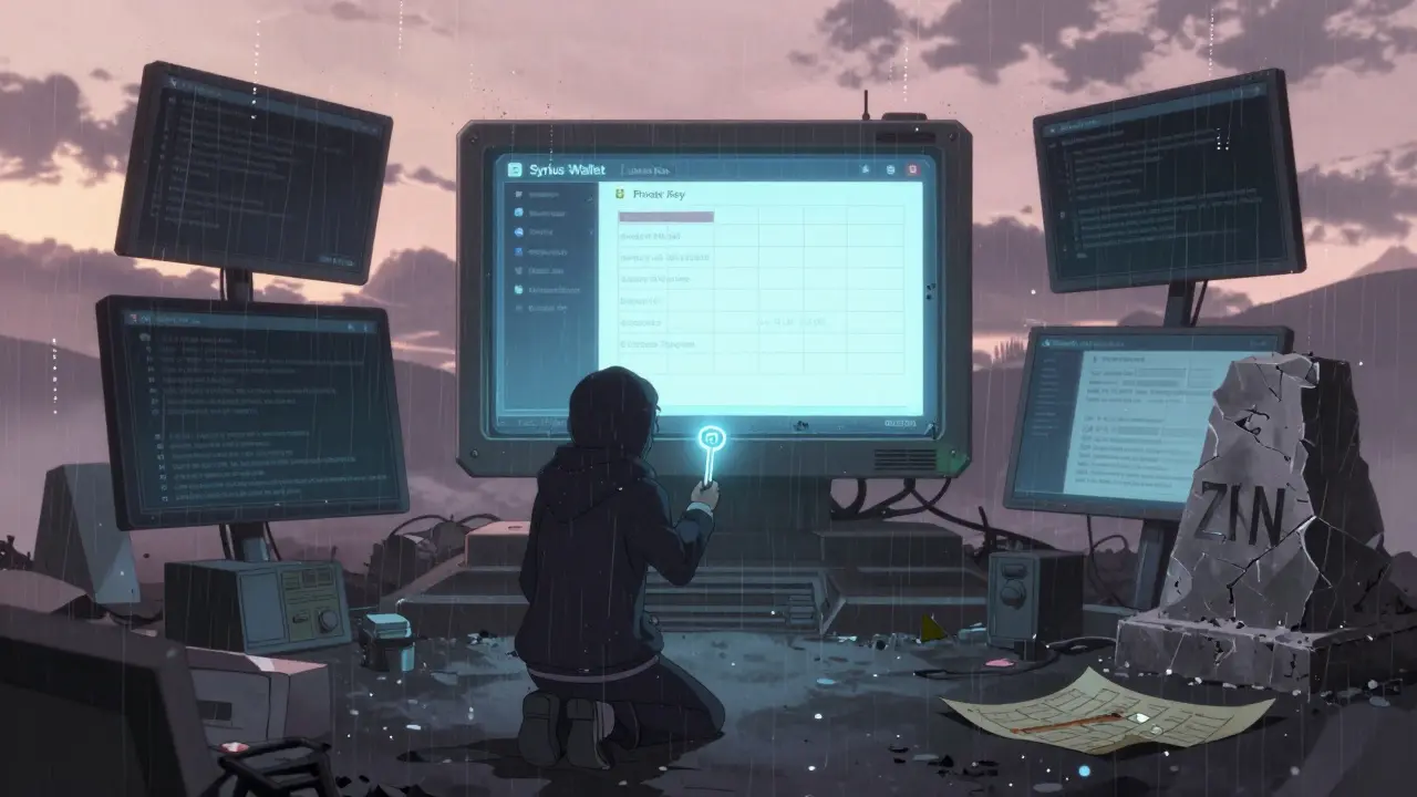 Personnage solitaire devant un terminal défaillant de Syrius Wallet, dans un paysage numérique abandonné.