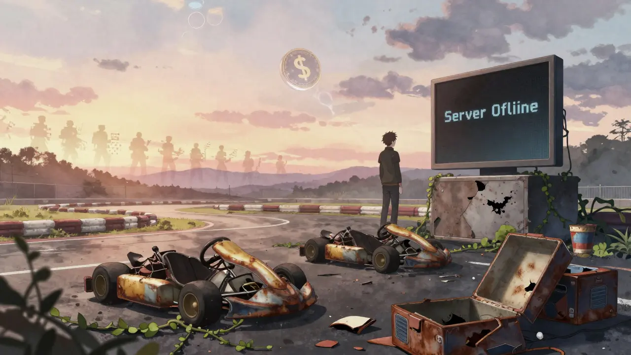 Piste de course abandonnée avec des karts rouillés et une boîte NFT vide, sous un ciel crépusculaire, un jeton $KART flottant vers l'horizon.